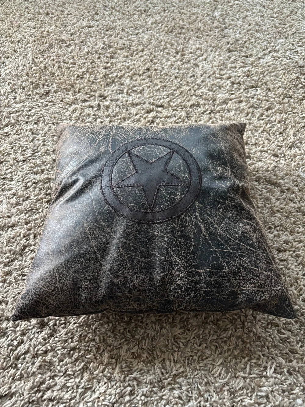 Distressed Brown Faux Leather Star Accent Pillow Texas
